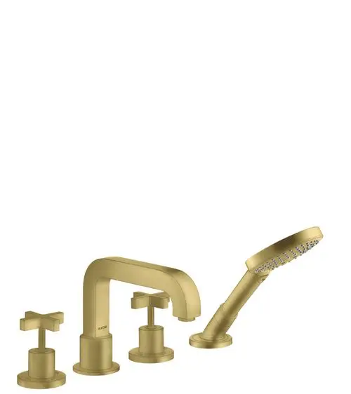 Armatur mit vier Auslässen und Kreuzgriffen in brushed brass, hergestellt von AXOR. Enthält einen Wasserhahn, zwei Steuergriffe und einen Duschkopf.